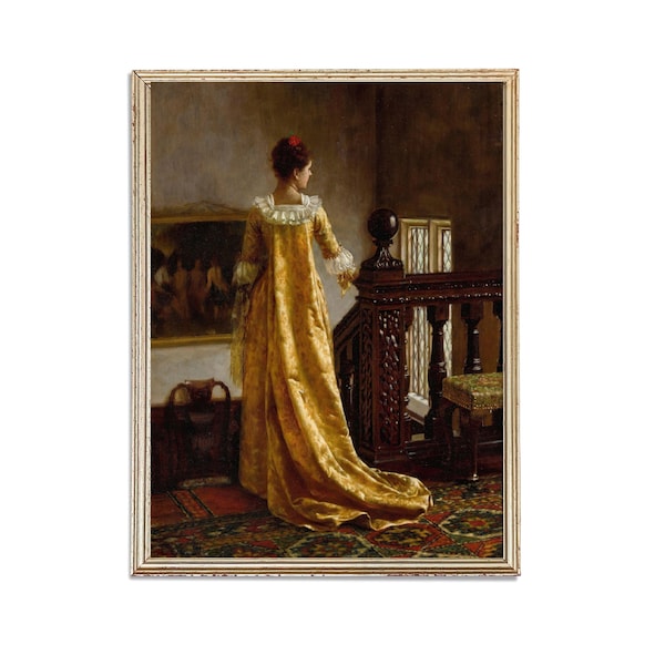 Vintage Woman in Yellow Dress Painting | Antique Female Fashion Artwork | Classic Portrait Poster | 19th Century Art Print | PRINTABLE art