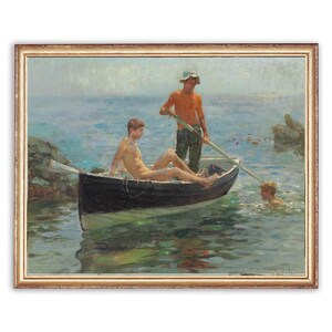 Vintagemålning av män på båt | Oljekonsttryck av havet (utskrivbart) bild 1