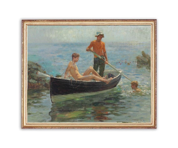 Vintage Men on Boat Painting | Oil Ocean Art Print (Printable)