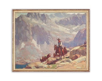 May include: A painting of a cowboy riding a horse through a mountainous landscape. The mountains are painted in shades of blue, gray, and white, and the sky is a light blue. The cowboy is wearing a brown hat and a blue shirt, and he is riding a brown horse. There are other horses in the background.