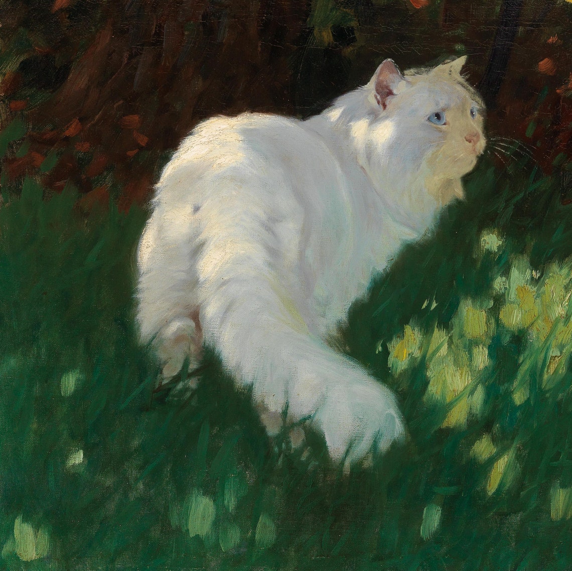 Vintage White Cat Oil Painting Art Print | 19th Century Animal Portrait ...