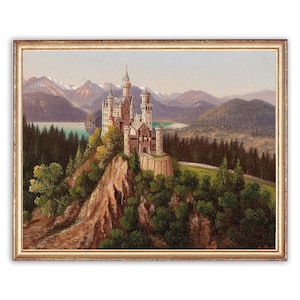 Vintage Neuschwanstein Castle Painting | Mountain Landscape Painting | Castle on Hills Painting | 19th Century Art Print | PRINTABLE art