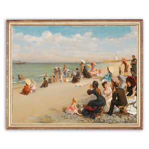Dipinto vintage con persone sulla spiaggia / Opere d&#39;arte con ritratti antichi / Poster classico sulla spiaggia al mare / Stampa d&#39;arte del XIX secolo / Arte STAMPABILE