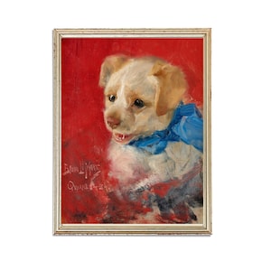 Vintage Puppy with Blue Scarf Painting | Antique Animal Portrait Artwork | Classic Cute Dog Poster | 19th Century Art Print | PRINTABLE art