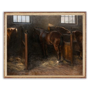 Peut inclure: Une peinture repr&eacute;sentant l'int&eacute;rieur d'une &eacute;curie avec trois chevaux dans leurs stalles. Les chevaux sont bruns et noirs, et les stalles sont en bois. La peinture est r&eacute;alis&eacute;e dans un style r&eacute;aliste et d&eacute;gage une ambiance chaleureuse et accueillante.