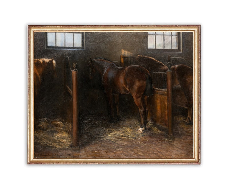Peut inclure: Une peinture repr&eacute;sentant l'int&eacute;rieur d'une &eacute;curie avec trois chevaux dans leurs stalles. Les chevaux sont bruns et noirs, et les stalles sont en bois. La peinture est r&eacute;alis&eacute;e dans un style r&eacute;aliste et d&eacute;gage une ambiance chaleureuse et accueillante.