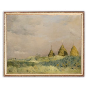 May include: A painting depicting a rural landscape with three haystacks in the foreground. The sky is a soft grey with wispy clouds. The haystacks are a muted brown colour and are set against a field of green grass.