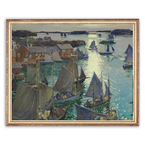 Vintage Ships Boats Painting | Antique Marine Seashore Artwork | Classic Houses Beach Poster | 19th Century Art Print | PRINTABLE art