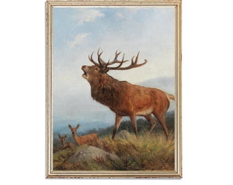 Pittura di renna vintage / Pittura animale di cervo a olio vintage / Pittura di paesaggio di colline montane / Stampa artistica di cowboy / Arte STAMPABILE