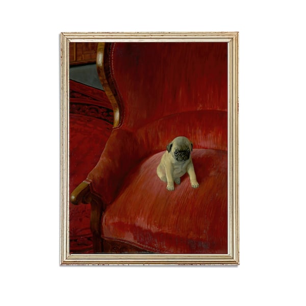 peinture de portrait animalier vintage | Chien antique sur une chaise rouge | Affiche de carlin classique | Impression d’art du 19e siècle | Art IMPRIMABLE