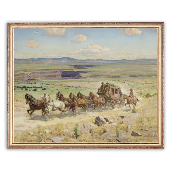 peinture de calèche occidentale vintage | Diligence des Cowboys du Pétrole | Peinture de paysage de campagne | Impression d'art de cow-boys | Art IMPRIMABLE