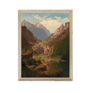 Könnte beinhalten: Antike Landschaftsmalerei in einem goldenen Rahmen. Das Kunstwerk zeigt ein Bergtal mit Wasserfall, See und einer Figur auf einem Felsvorsprung. Die Berge sind schneebedeckt und der Himmel ist blau mit Wolken.
