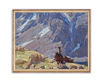 May include: A painting of a cowboy riding a horse through a mountain pass. The mountains are rocky and rugged, with snow-capped peaks in the distance. The cowboy is wearing a hat and a long coat, and he is holding the reins of his horse. The horse is brown and has a long mane and tail.