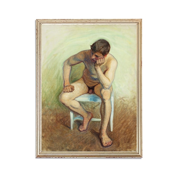 Vintage Nude Man Portrait Painting | Antique Man on Chair Painting | Naked Male Portrait Painting | 19th Century Art Print | PRINTABLE art