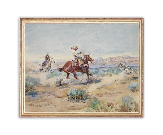 ヴィンテージ西部劇のカウボーイの絵画 | アンティークの馬乗り