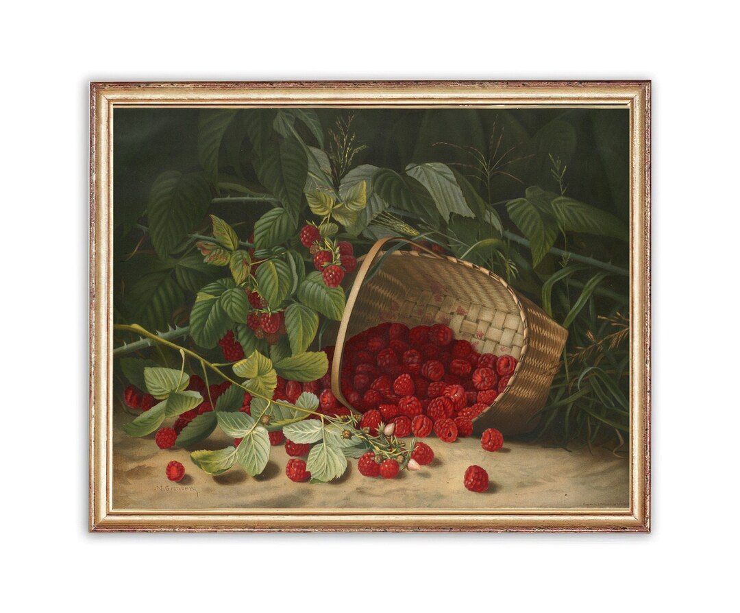 Vintage Raspberry Themed Decor Vintage Basket of Raspberries Painting | Antique Fruit Artwork ...