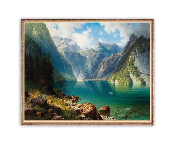 Vintage Mountain Lake Painting | 19th Century Landscape Art