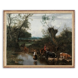 Vintage Cows Animals Painting | Peasants Crossing Stream Artwork | Classic Countryside Poster | 19th Century Art Print | PRINTABLE art