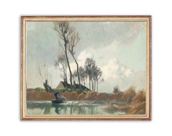Gorgeous Boat on the River Landscape Painting for Vintage Lovers, Vintage Painting Print, Lake Painting, Digital Prints, Downloadable Print