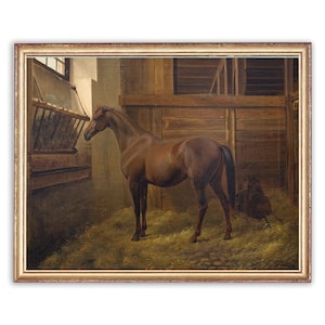 May include: A painting depicting a brown horse standing in a stable. The horse is looking to the left, with a wooden stall behind it. The stable floor is covered in straw.
