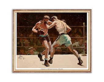 Puede incluir: Una pintura de dos boxeadores en un ring de boxeo. El boxeador de la izquierda lleva pantalones cortos azules y el boxeador de la derecha lleva pantalones cortos verdes. La pintura está firmada "Albin Henning - 21".
