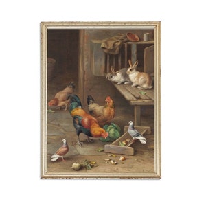 Vintage Barnyard Animals Painting | Vintage Oil Farm Barn Painting | Chicken and Pigeon Painting | Rabbits Art Print | PRINTABLE art