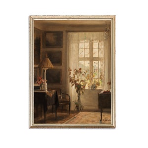 Pintura de ventana de lámpara de araña vintage / Arte antiguo de jarrón de flores / Cartel clásico de bodegones / Impresión de arte del siglo XIX / Arte IMPRIMIBLE