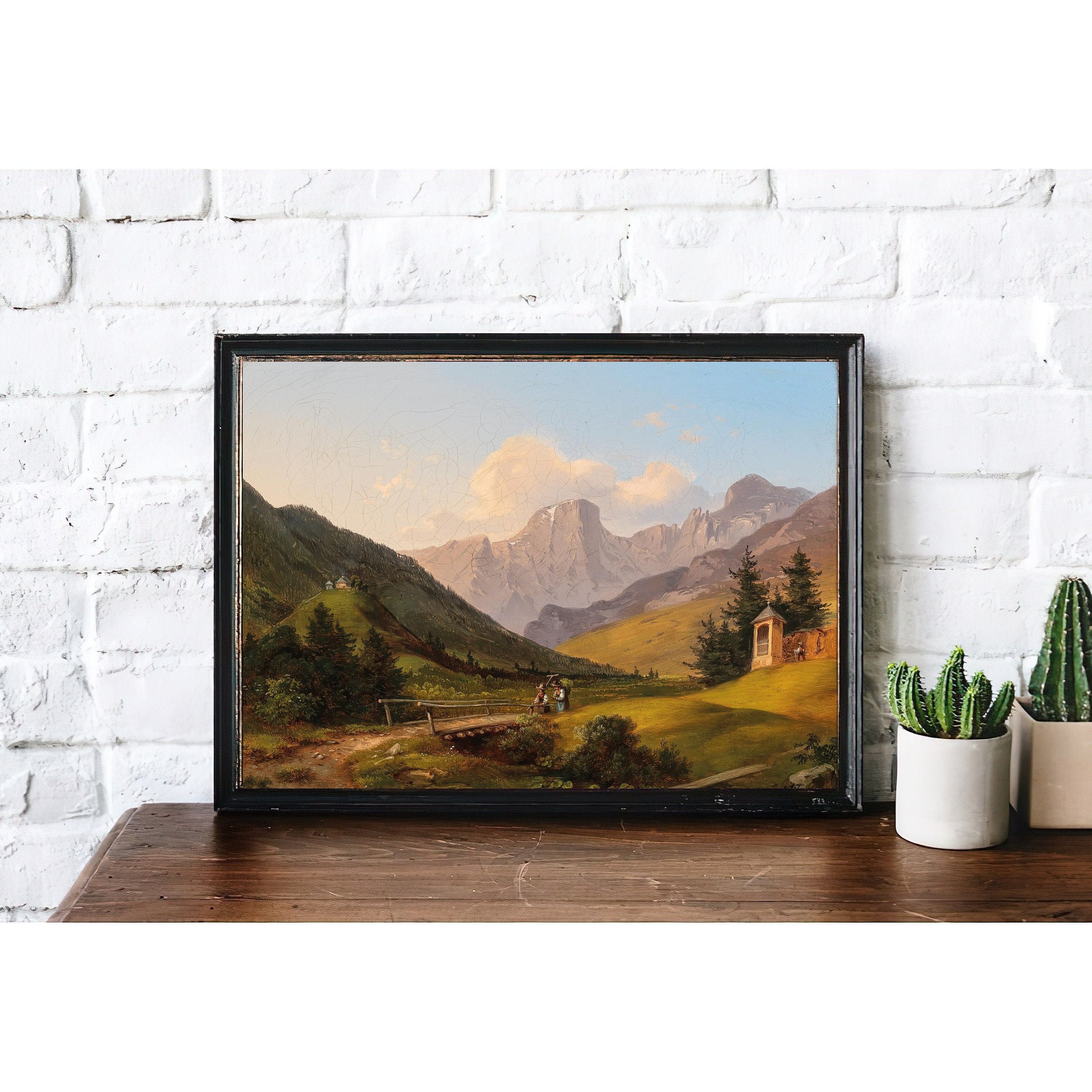 Vintage Mountain Landscape Painting | Antique Farmers Artwork