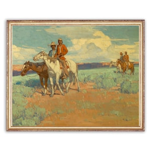 Puede incluir: Una pintura que representa a tres hombres nativos americanos a caballo cabalgando a través de una llanura cubierta de hierba. Los hombres visten ropa tradicional y los caballos son marrones y blancos. El cielo es de un azul claro con nubes blancas.