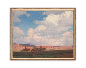 May include: A painting depicting a landscape with a group of people riding horses across a grassy plain. The sky is filled with fluffy white clouds against a blue background. The distant mountains are a reddish-brown colour.