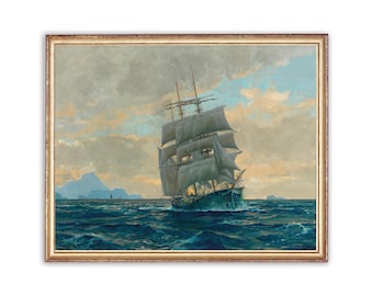 May include: A painting of a large sailing ship with white sails, navigating through a blue ocean with a mountainous island in the background. The sky is a light blue with white clouds.