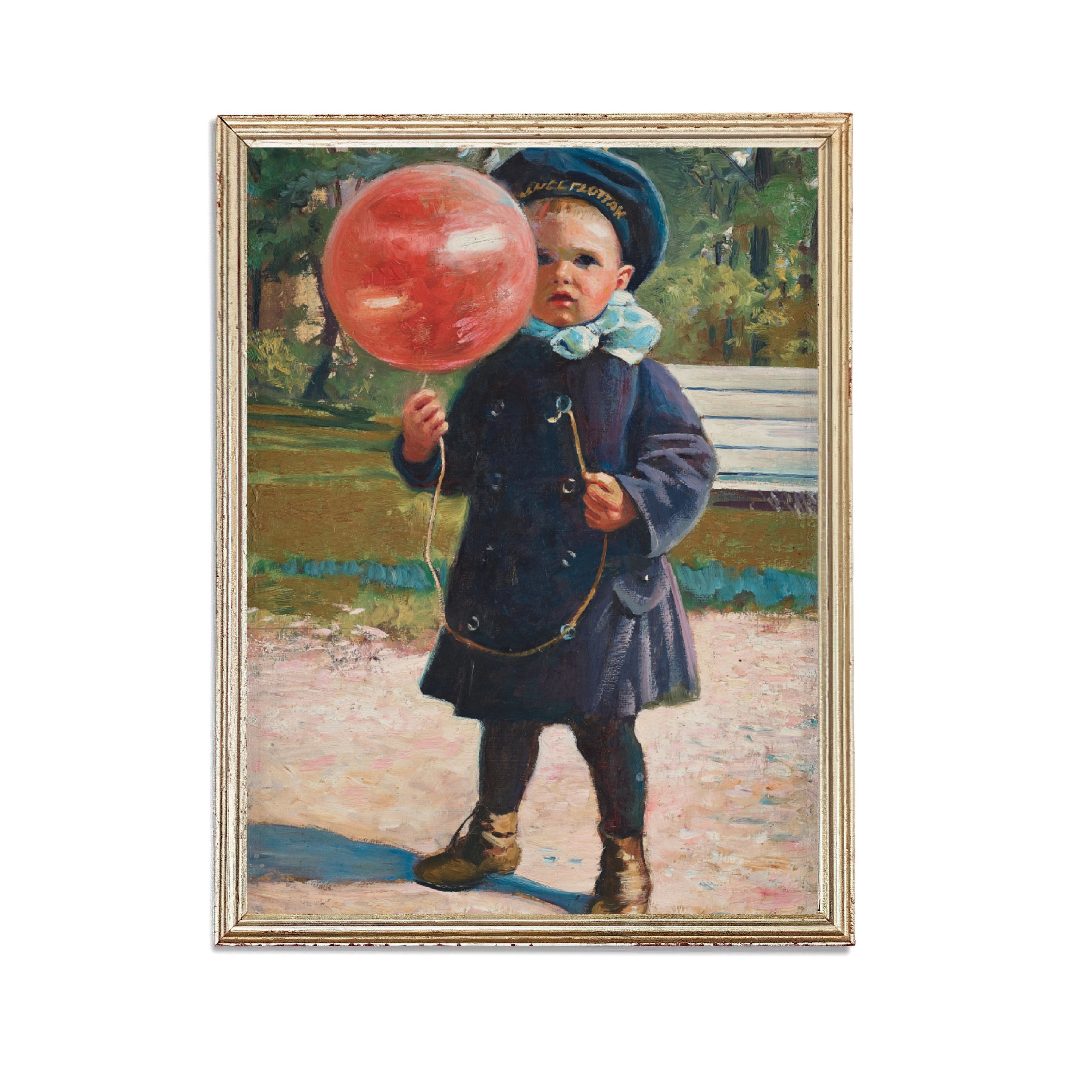 赤い風船を持った少年のヴィンテージ絵画 | アンティークの子供の