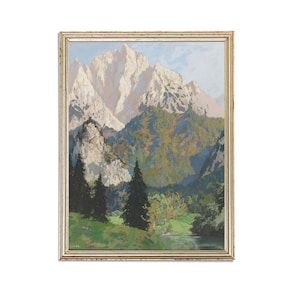 Vintage Landscape Painting |  Oil Mountain Forest Painting | Conifer Trees Hill and Valley Painting | 19th Century Art Print | PRINTABLE art