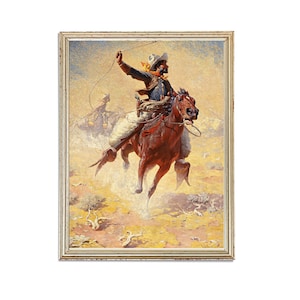 Op de afbeelding: Een schilderij van een cowboy die op een bruin paard in volle galop rijdt, met een lasso in zijn rechterhand. De cowboy draagt een bruine hoed, een blauw shirt en een bruine broek. Het paard rent door een stoffig woestijnlandschap.