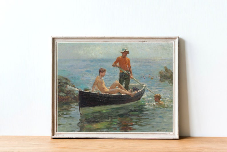 Vintagemålning av män på båt | Oljekonsttryck av havet (utskrivbart) bild 3