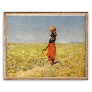 May include: A painting of a woman in a red dress carrying a clay pot on her head. She is walking across a field of yellow wildflowers under a blue sky.