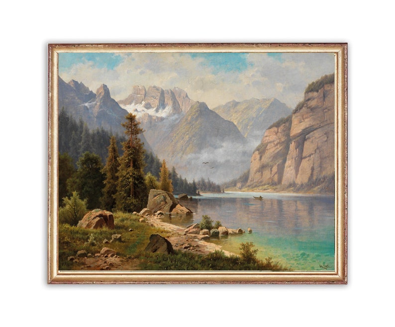 May include: A painting of a mountain lake scene with a small boat on the water. The lake is surrounded by mountains and trees. The sky is blue with white clouds.