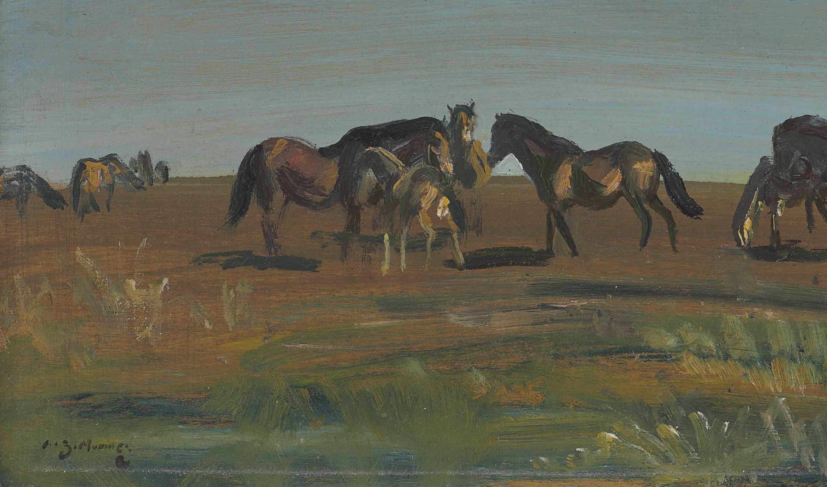Vintage pasture landscape painting oil horses grazing etsy