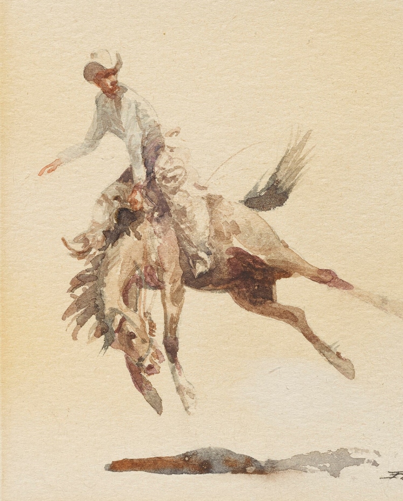 Puede incluir: Una pintura de acuarela de un vaquero montando un caballo que se est&aacute; encabritando. El caballo es marr&oacute;n y blanco, y el vaquero lleva un sombrero blanco y una camisa azul claro. El caballo est&aacute; en el aire, con las patas extendidas. El vaquero est&aacute; sujetando las riendas del caballo.