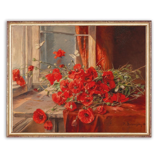 Pintura de flores de peonía vintage / Pintura de bodegones al óleo / Flores rojas en pintura de decoración de mesa / Impresión de arte del siglo XIX / Arte IMPRIMIBLE