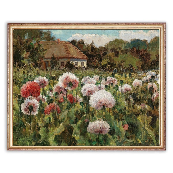 Vintage Gartenblumen Gemälde | Vintage Bauernhof Malerei Haus Gemälde | Antikes Yard-Gemälde 19tes Jahrhundert Kunstdruck | DRUCKBARE Kunst