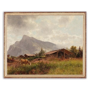Vintage Mountain Cottage Painting | Old House and Cow Animal Painting | Hills Landscape Painting | 19th Century Art Print | PRINTABLE art