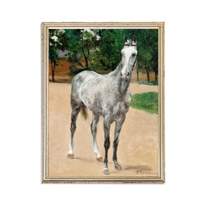 Pintura vintage de caballo blanco / Obra de arte ecuestre antigua / Cartel de animales clásico / Impresión de arte del siglo XIX / Arte IMPRIMIBLE