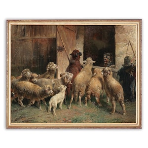 Vintage Barnyard Animals Painting | Sheep and Dog in Barn | Antique Barn Countryside Painting | 19th Century Art Print | PRINTABLE art