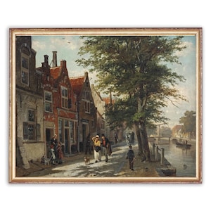 Vintage Old Town Painting | Vintage Oil River Painting | Town Landscape Painting | 19th Century Town Art Print | PRINTABLE art