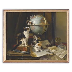 Vintage Cats on Table Painting | Classic Oil Still Life Painting | Kittens Globe Antique Painting | 19th Century Art Print | PRINTABLE art