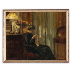 vintage Femme Tricot Peinture | Œuvre d’art antique de portrait féminin | Affiche classique de nature morte | Impression d’art du 19e siècle | Art IMPRIMABLE