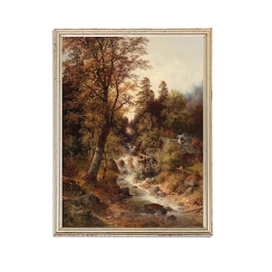 Vintage Forest Stream Painting | Oil Woods Trees River Painting | Mountain Nature Landscape Painting | Cowboys Art Print | PRINTABLE art