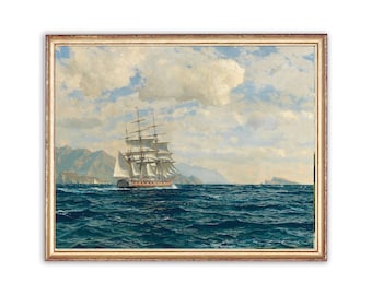 美しい風景 海 船 ボート 街並み ヴィンテージステンドグラス ダブルリム 絵画 ヴィンテージ クリッパー船の絵画、航海アートプリント（デジタル