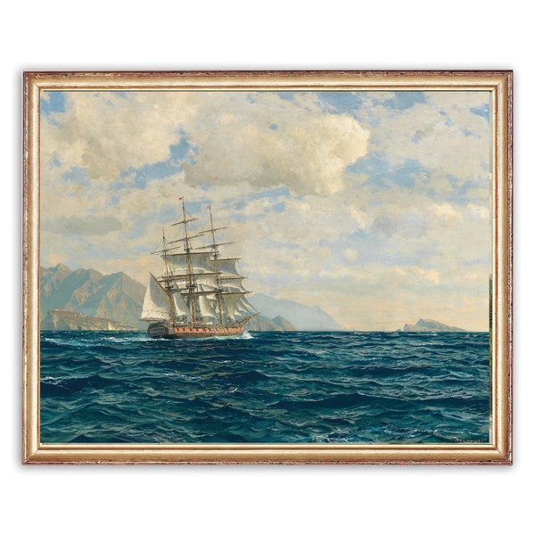 Vintage Seelandschaft Malerei | Vintage Öl Schiff Segeln am Meer Gemälde | Ozean Landschaft Kunst | Kunstdruck des 19.Jahrhunderts | DRUCKBARE Kunst